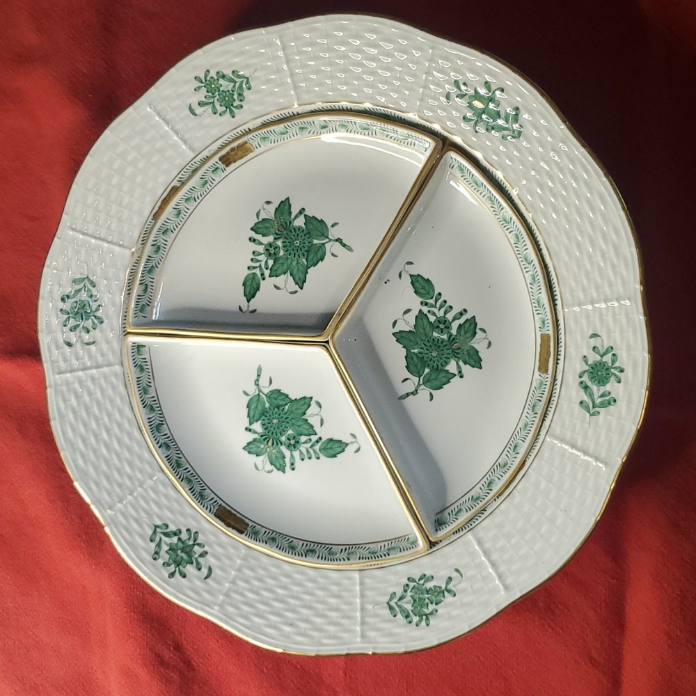 Rare Herend, 4 Piece Hors d'oeuvre Serving Dish, Green Chinese Bouquet